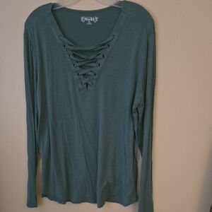 Mudd Teal Lace-Up Long Sleeve Top